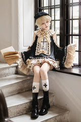 Black/Gold [Saint Child of the Cross] Round Collar Off Shoulder Long Trumpet Sleeves Ruffled Bow Gothic College Style Ouji Lolita Set - Product - 6