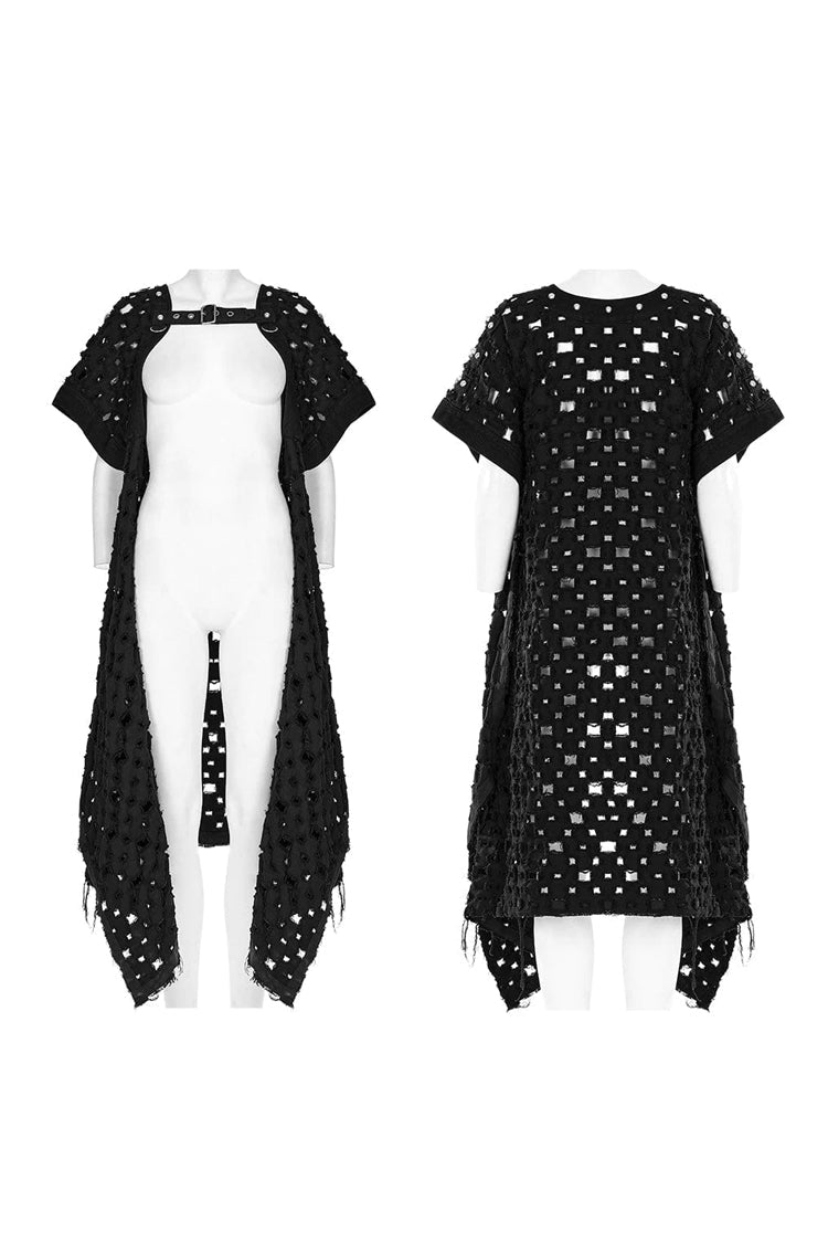 Black Ripped Buckle Hollow Irregular Womens Steampunk Blouse Cardigan - Product - 5