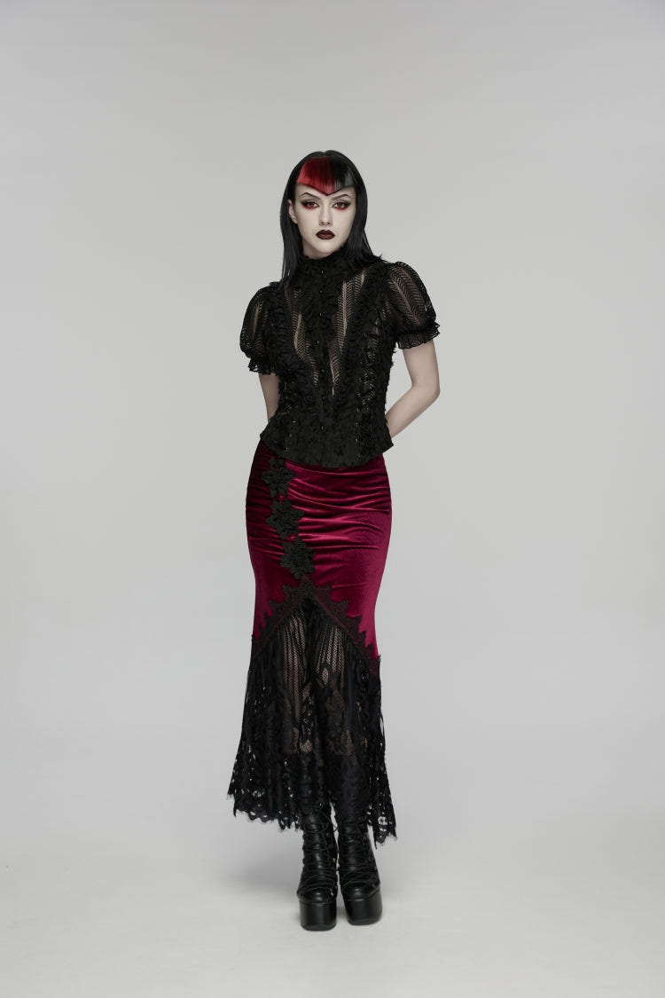 Black Stand Collar Short Sleeves Ruffled Cut-Out Embroidered Lace Women's Gothic Blouse - Product - 4