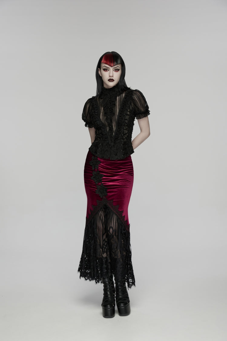 Black Stand Collar Short Sleeves Ruffled Cut-Out Embroidered Lace Women's Gothic Blouse - Product - 4