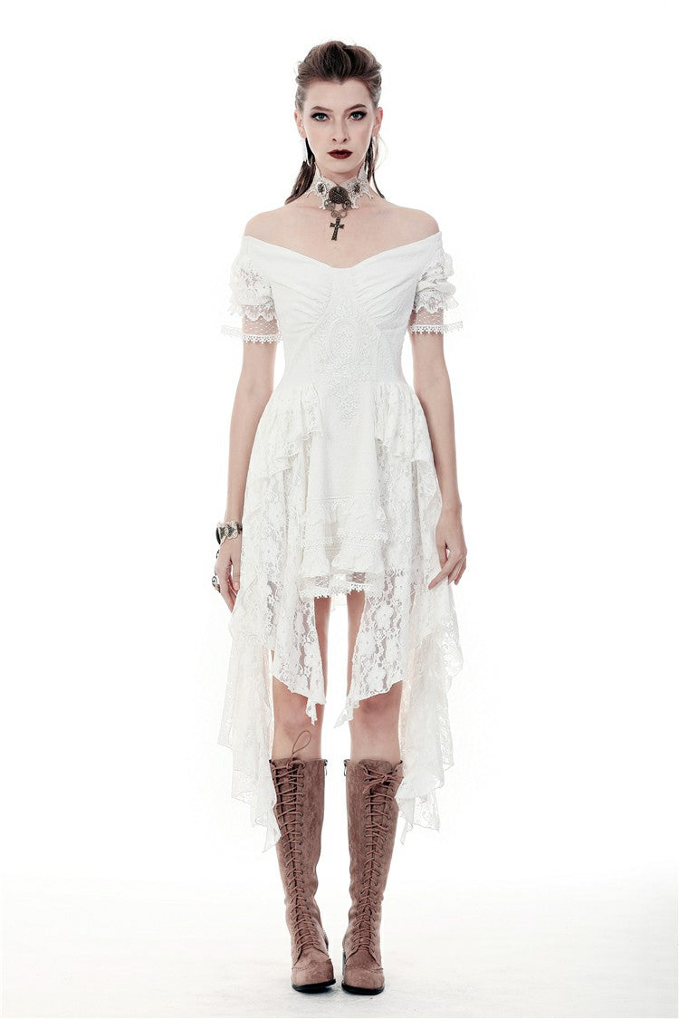 White Off Shoulder Lace Short Sleeves Lace-Up Women's Steampunk Luxurious Wedding Graduation Dress - Product - 5