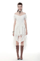 White Off Shoulder Lace Short Sleeves Lace-Up Women's Steampunk Luxurious Wedding Graduation Dress - Product - 5