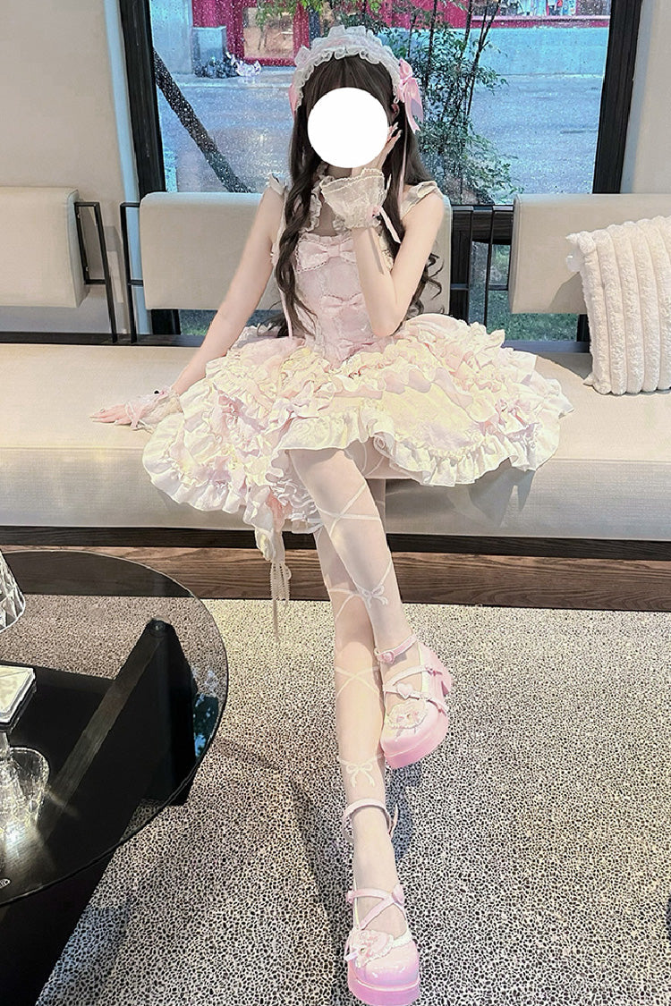 Pink [Heart of Butterfly] Halterneck Sleeveless Multi-Layered Ruffle Embroidery Princess Ballet Lolita Jsk Dress Set - Product - 9