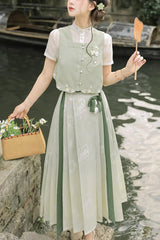 Green Round Collar Short Sleeves Embroidered Pearl Buttons Sweet Hanfu Dress Full Set - Green - 1
