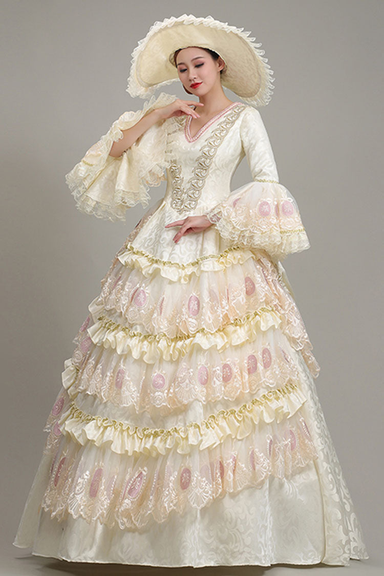 Beige Hime Sleeves High Waisted Lace Stitching Hollow Floral Print Ruffled Multi-Layer Victorian Lolita Prom Tiered Dress - Product - 3