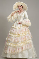 Beige Hime Sleeves High Waisted Lace Stitching Hollow Floral Print Ruffled Multi-Layer Victorian Lolita Prom Tiered Dress - Product - 3