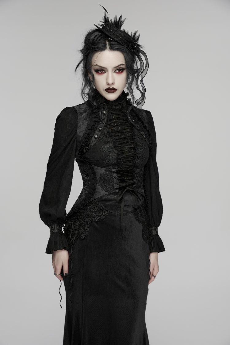 Black Jacquard Embroidered Lace Lace-Up Slim Women's Gothic Vest - Product - 5