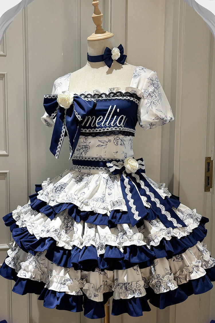 Blue/White Porcelain Print Multi-layer Ruffle Embroidery Bowknot Sweet Lolita Dress - Product - 2