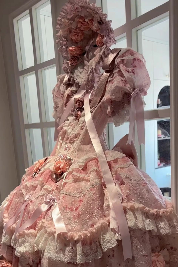 Pink [Rose Manor] Short Puff Sleeves Ruffle Bowknot Lace Sweet Japanese Princess Lolita Dress - Product - 7