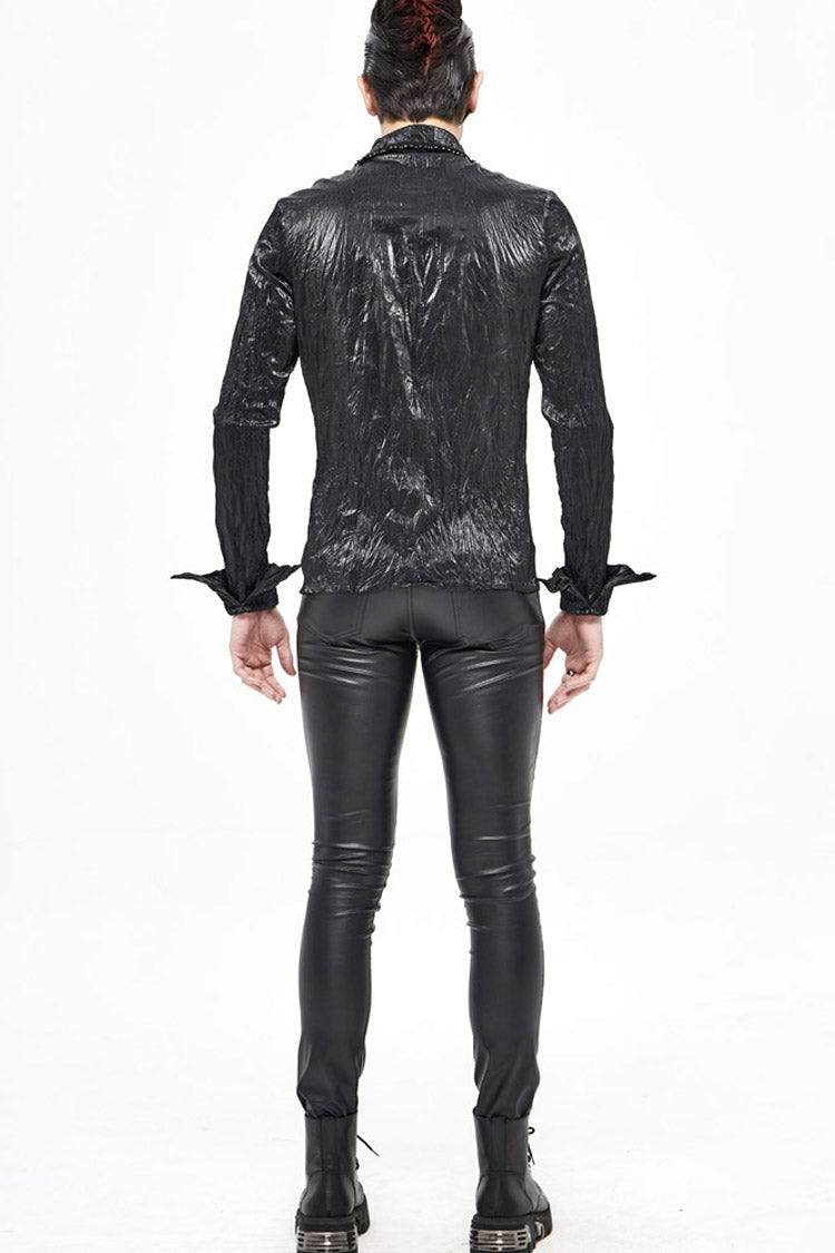 Black Twill Fold Collar Sharp Corner Cuff Light Metal Ring Webbing Men's Punk Shirt - Product - 9
