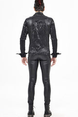 Black Twill Fold Collar Sharp Corner Cuff Light Metal Ring Webbing Men's Punk Shirt - Product - 9
