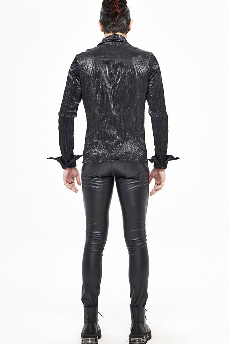 Black Twill Fold Collar Sharp Corner Cuff Light Metal Ring Webbing Men's Punk Shirt - Product - 9