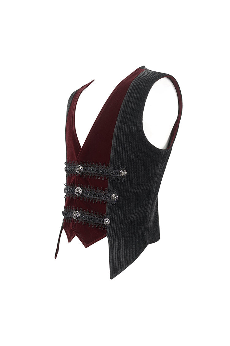 Black/Red Irregular Velvet Splice Corduroy Men's Gothic Waistcoat - Product - 9