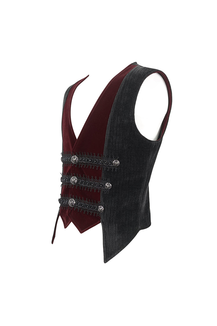 Black/Red Irregular Velvet Splice Corduroy Men's Gothic Waistcoat - Product - 9