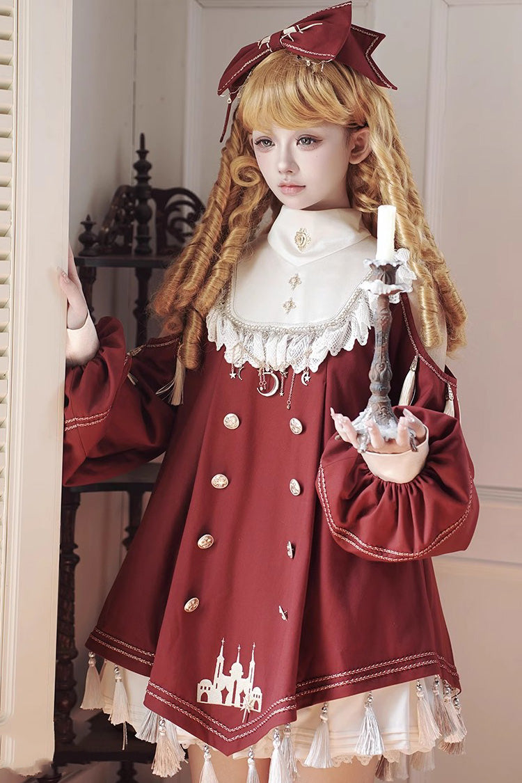 Red [Starry Night] Long Sleeves Ruffle Embroidery Sweet Princess Lolita Dress Full Set - Product - 2