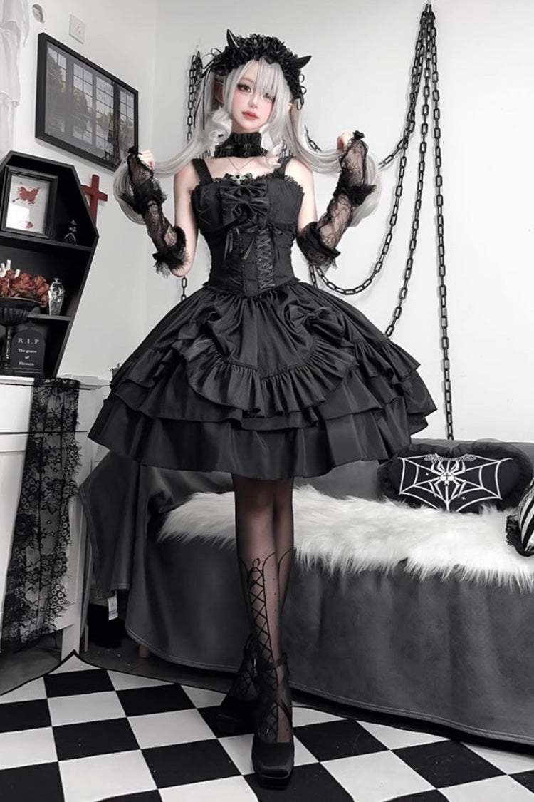 Black [Butterfly Officer] Triple-Layered Ruffle Bowknot Lace-Up Gothic Lolita Skirt Set - Product - 6