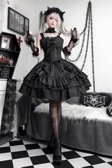 Black [Butterfly Officer] Triple-Layered Ruffle Bowknot Lace-Up Gothic Lolita Skirt Set - Product - 6