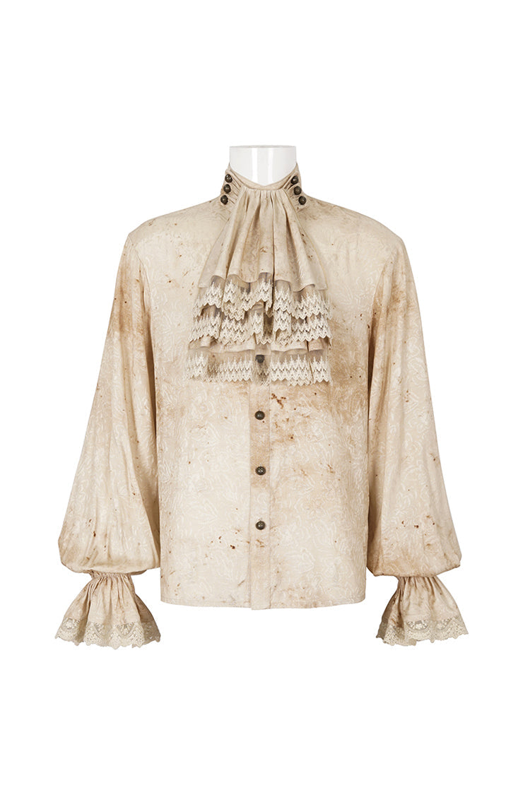 Apricot Stand Collar Puff Sleeved Men's Gothic Shirt With Necktie - Product - 7