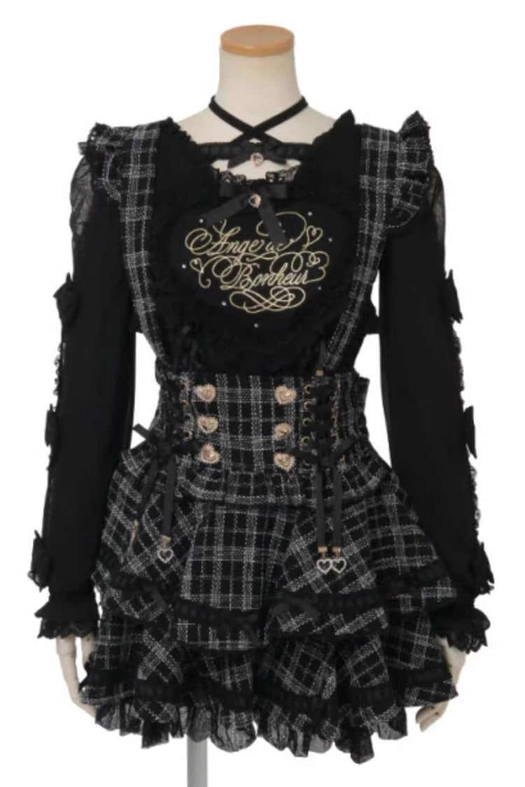 Sweet Jirai Kei Multi-Layered Printed Ruffled Spliced Lace Japanese Suspender Skirt 3 Colors - Black - 1