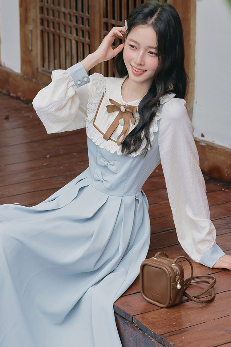 Light Blue Lapel Collar Long Sleeves Bow Spliced Faux Two-Piece Sweet College Style Lolita Dress - Product - 7