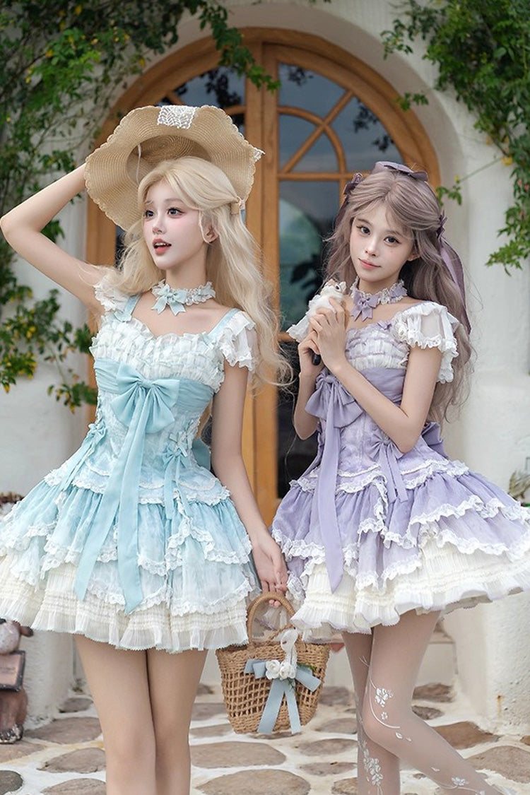 Purple [Floral Dream] Short Sleeves Multi-Layered Ruffle Embroidery Bowknot Lace-Up Sweet Elegant Ballet Lolita Jsk Dress - Product - 7
