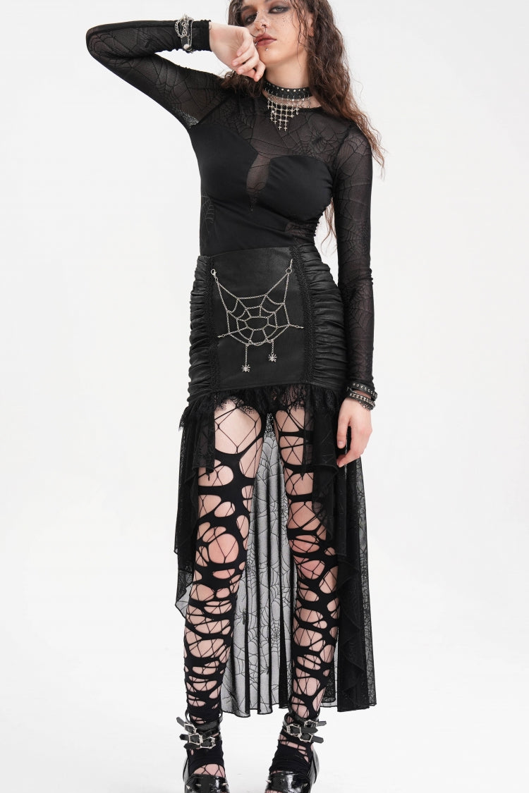 Black Chain Lace Irregular Hem Mesh Women's Gothic Skirt - Product - 9