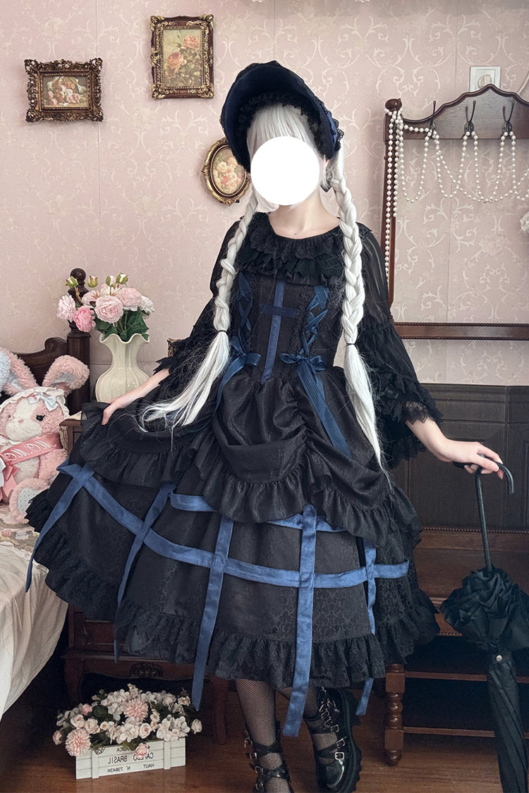 [Lilith’s Cage] Sleeveless Print Ruffle Bowknot Lace-Up Gothic Elegant Lolita Jsk Dress 2 Colors - Product - 3