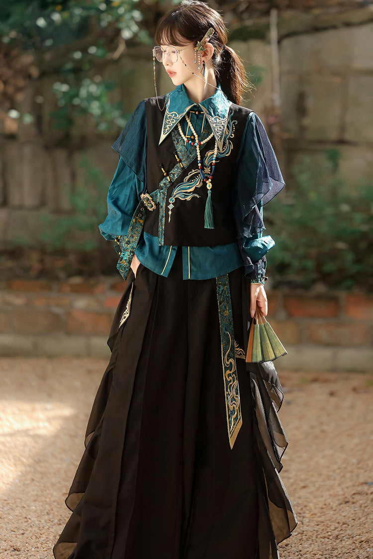 Black/Green Round Collar Long Sleeves Ruffle Embroidery Chinese Style Vintage Handsome Ouji Lolita Set - Product - 2