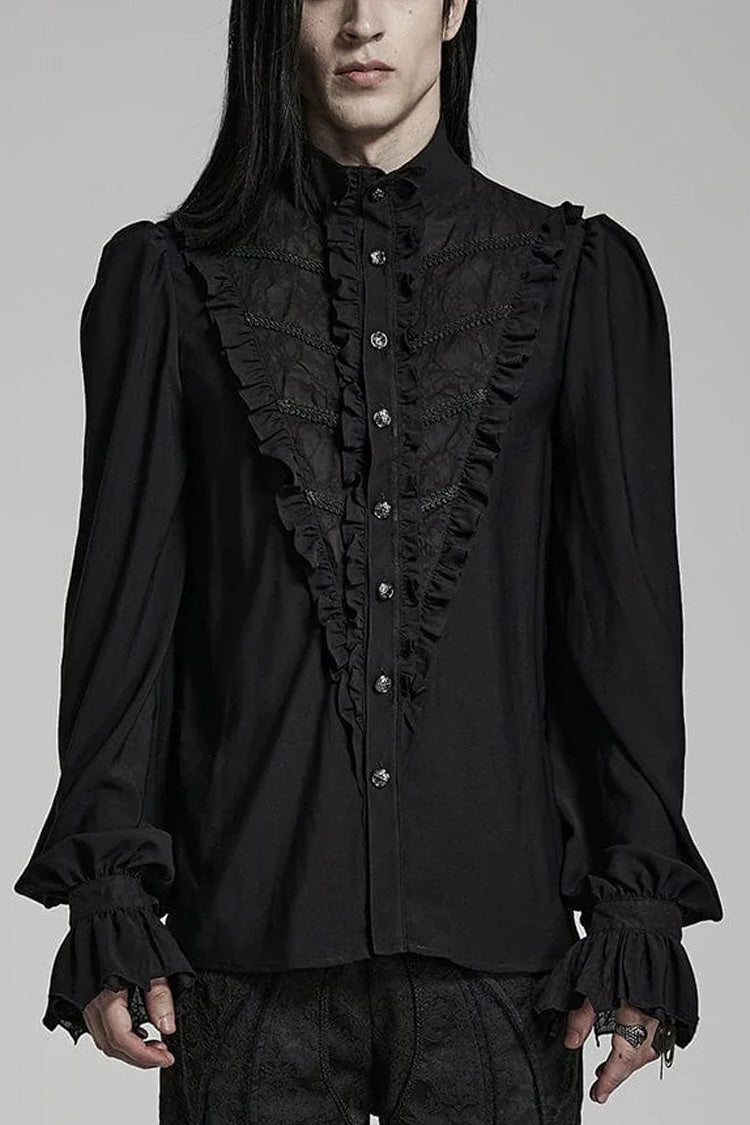 Black Stand Collar Ruffle Webbing Embellishment Mens Gothic Blouse - Black - 1