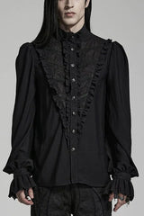 Black Stand Collar Ruffle Webbing Embellishment Mens Gothic Blouse - Black - 1
