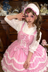 Pink Plaid Print Ruffle Bowknot Lace-Up Sweet Lolita Dress - Product - 6