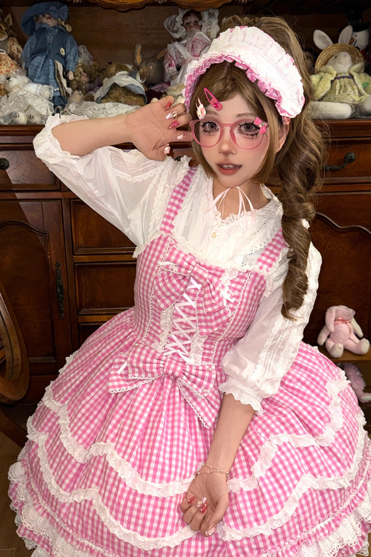 Pink Plaid Print Ruffle Bowknot Lace-Up Sweet Lolita Dress - Product - 6