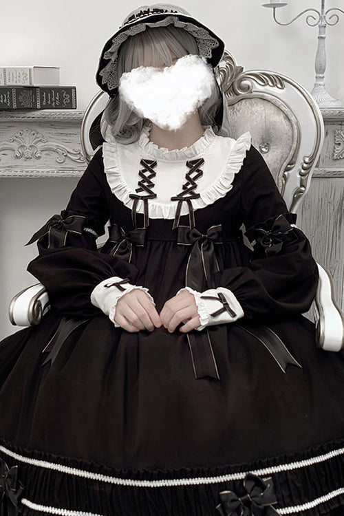 Black Bowknot Ruffled Long Sleeves Lolita OP Gothic Lolita Dress - Product - 6