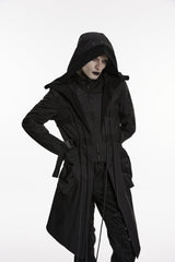 Black Stand Collar Long Sleeves Hooded Faux Two-Piece Zippered Men's Punk Big Pockets Strappy Jacket - Product - 8