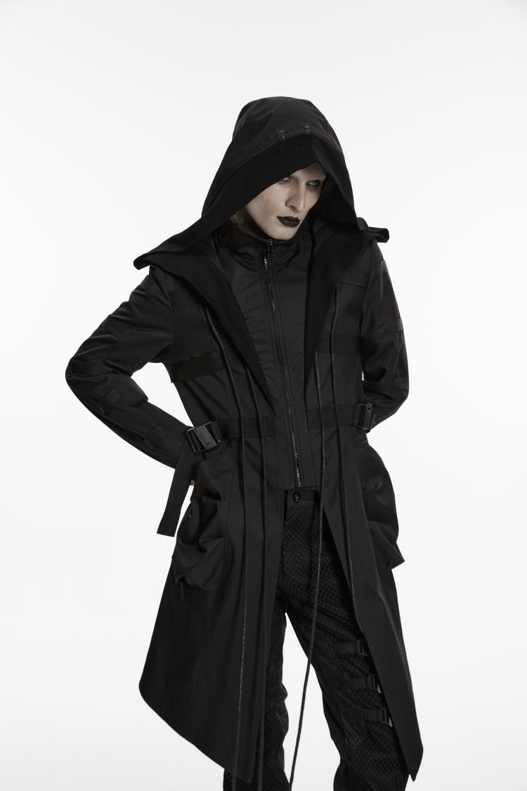 Black Stand Collar Long Sleeves Hooded Faux Two-Piece Zippered Men's Punk Big Pockets Strappy Jacket - Product - 8