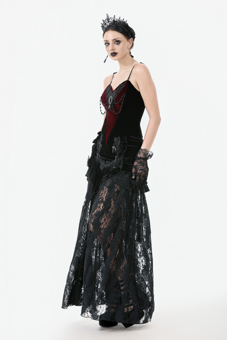 Black Multi-Layered Ruffled Velvet Spliced Lace Lace-Up Women's Gothic Long Skirt - Product - 14