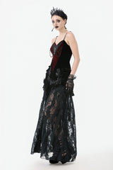 Black Multi-Layered Ruffled Velvet Spliced Lace Lace-Up Women's Gothic Long Skirt - Product - 14