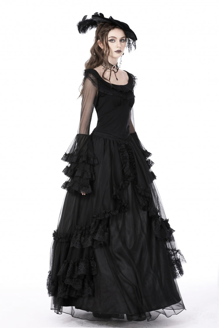 Black Multi-Layered Ruffled Lace Long Trumpet Sleeves Women's Gothic Princess Sexy Top - Product - 7