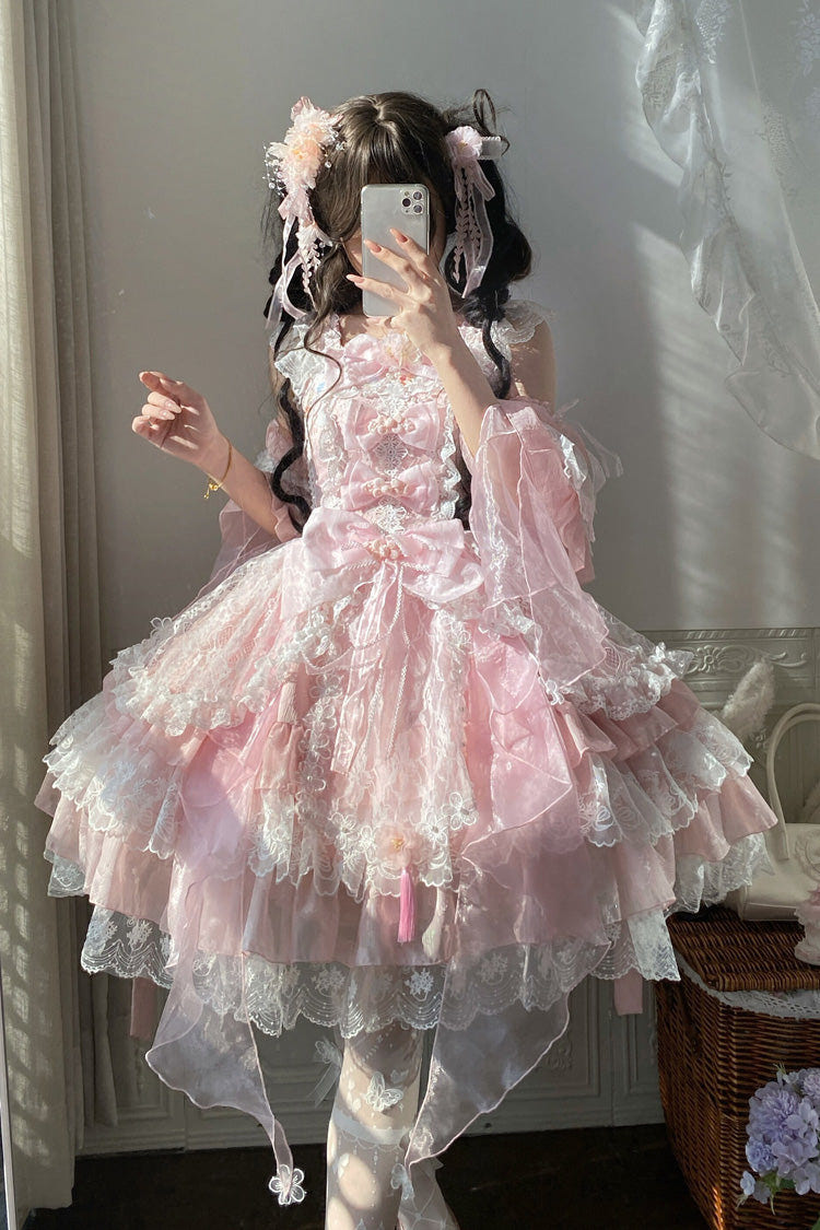 Pink [Spring Waters Reflecting Pear Blossoms] Ruffled Embroidered Open-Front Bow Lace Sweet Lolita Jsk Dress - Product - 4