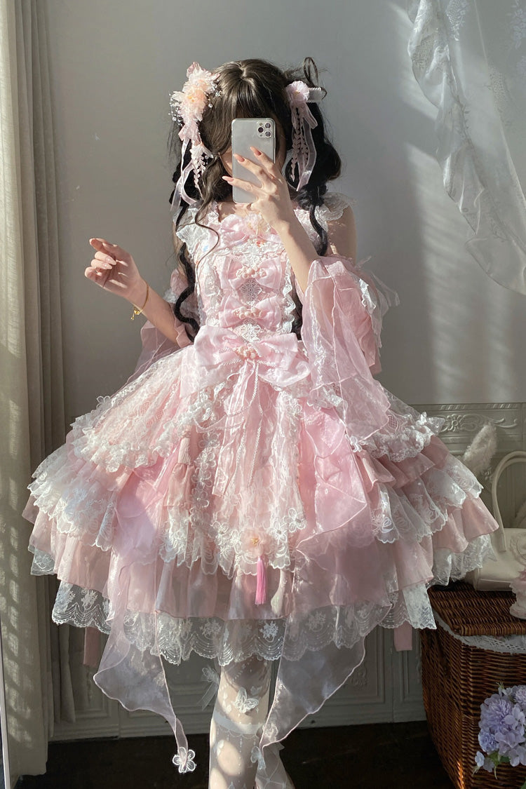 Pink [Spring Waters Reflecting Pear Blossoms] Ruffled Embroidered Open-Front Bow Lace Sweet Lolita Jsk Dress - Product - 4