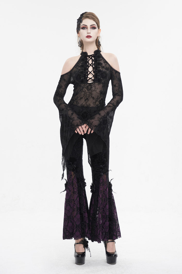 Black Off Shoulder Flared Sleeved Lace Mesh Women's Gothic Shirt - Product - 4