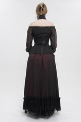 Black Long Sleeve Lace Trim Panel Woven Adjustable Back Women's Gothic T-Shirt - Product - 4
