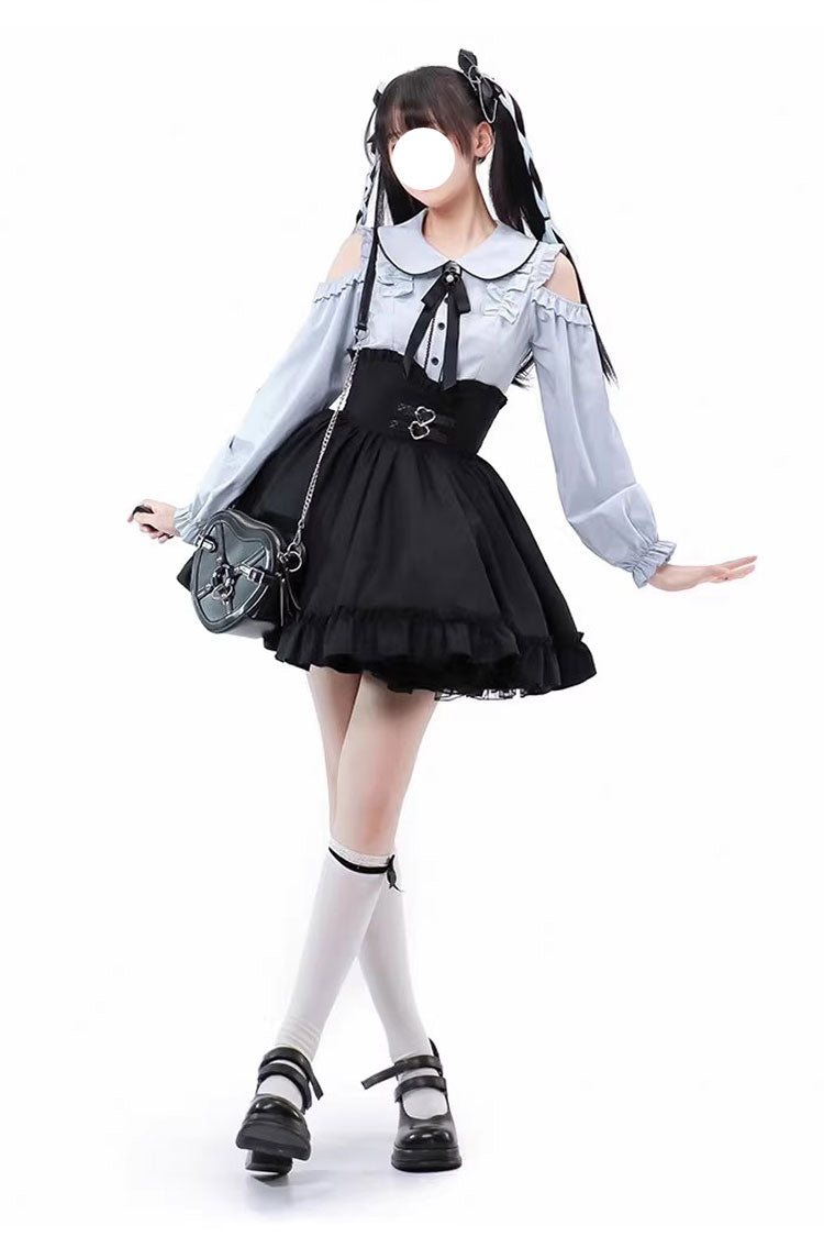 Black/Blue Off Shoulder Long Sleeves Ruffle Bowknot Sweet Jirai Kei Japanese Set - Black/Blue - 1