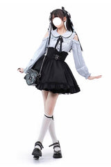 Black/Blue Off Shoulder Long Sleeves Ruffle Bowknot Sweet Jirai Kei Japanese Set - Black/Blue - 1