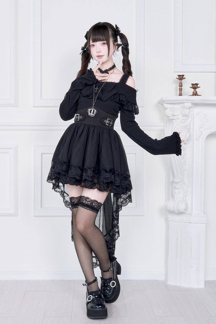 Jirai Kei Fake Two Pieces Off Shoulder Long Sleeves Ruffle Bowknot Lace Gothic Dress 2 Colors - Product - 2