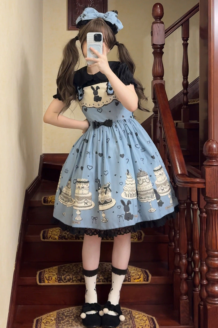 Blue Cake Bunny Print Bowknot Stitching Lace Sweet Lolita Jsk Dress - Product - 7