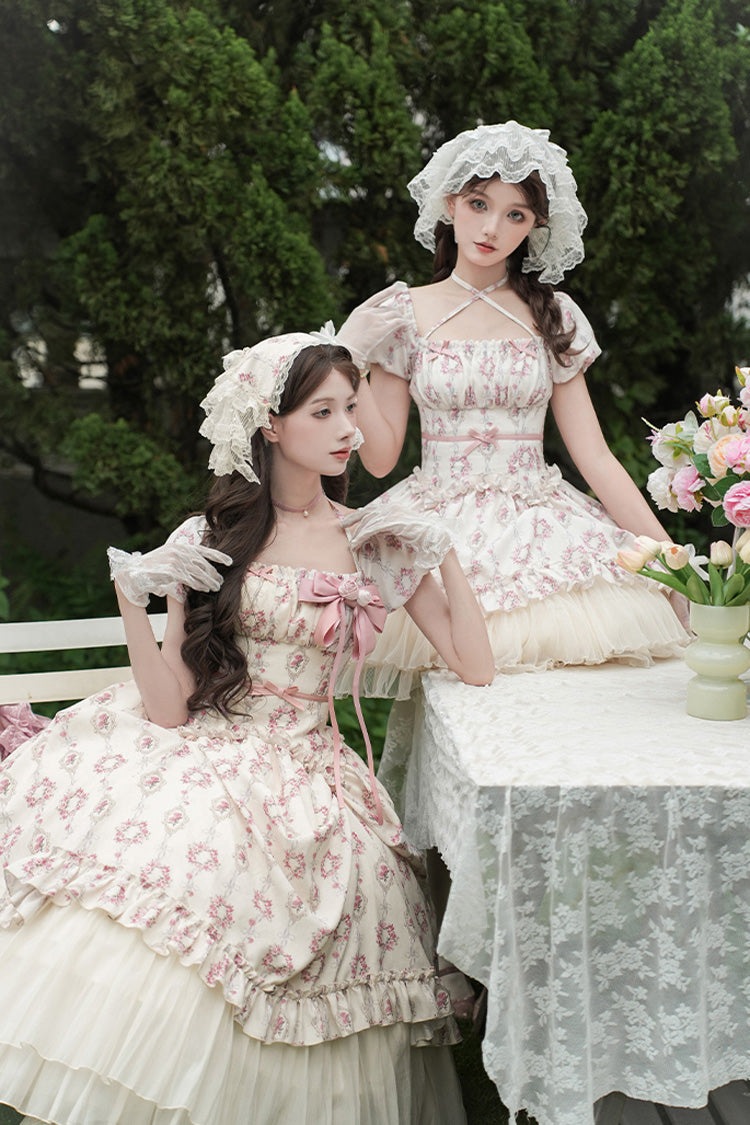 Ivory [Rose After The Rain] Short Sleeves Triple-Layered Print Ruffle Bowknot Lace-Up Sweet Lolita Short Dress - Product - 17