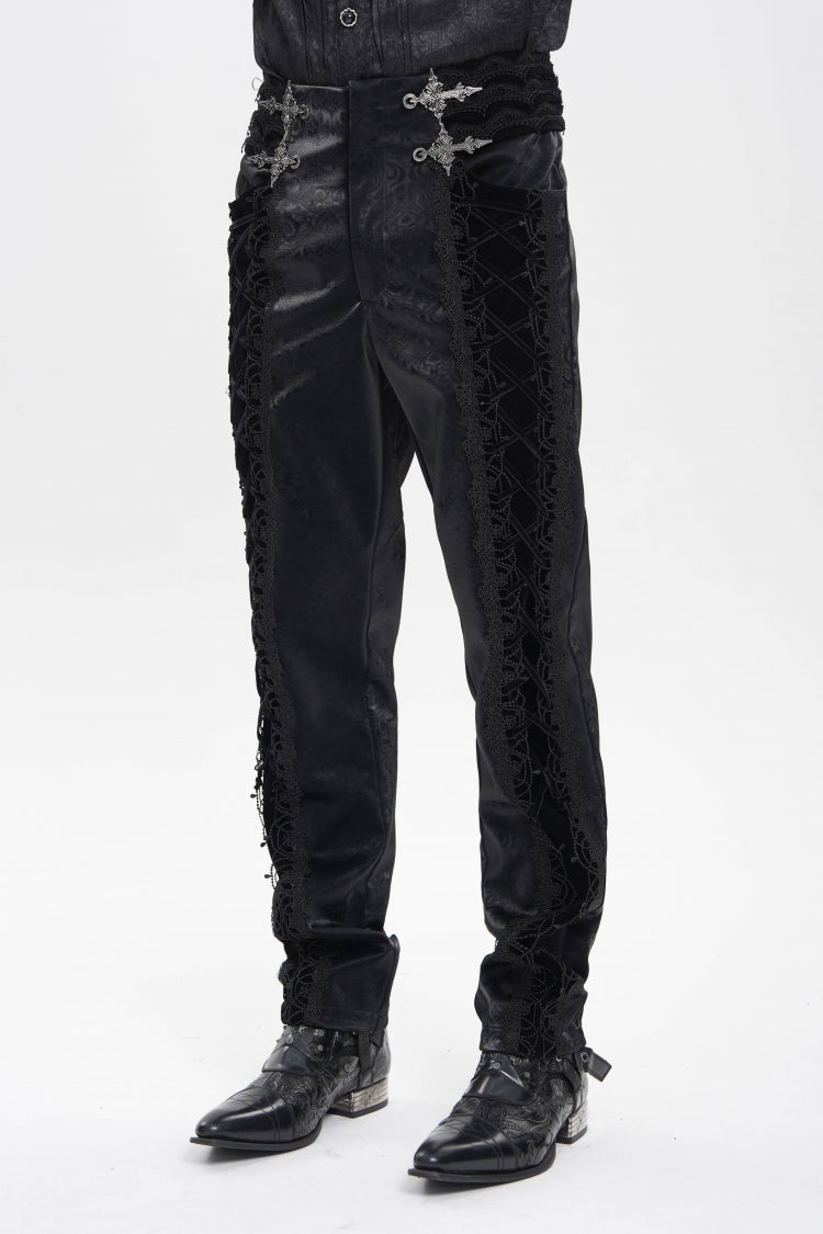 Black Printed Embroidered Spliced Lace-Up Men's Gothic Pants - Product - 3