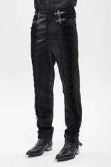 Black Printed Embroidered Spliced Lace-Up Men's Gothic Pants - Product - 3