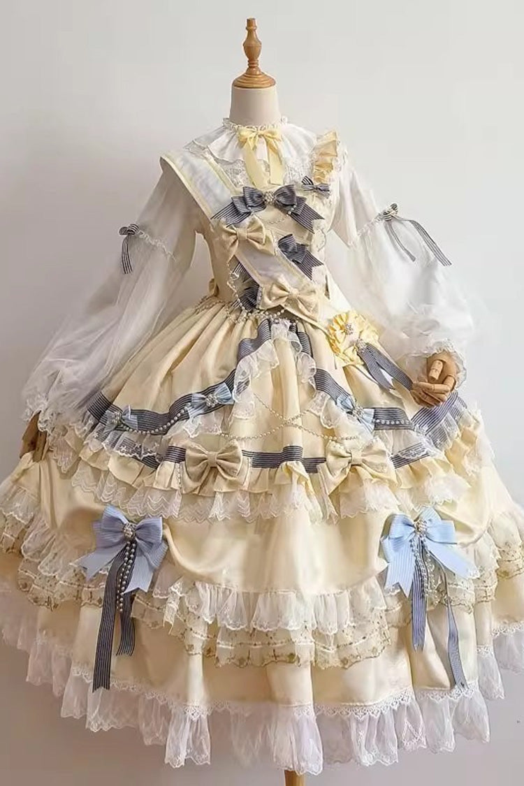 Gold Long Sleeves Multi-Layered Ruffle Bowknot Lace Sweet Princess Lolita Dress - Gold - 1
